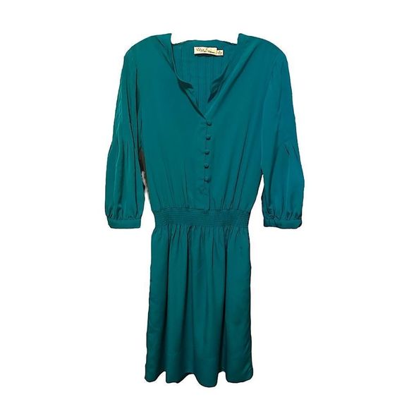 Eliza J Dress Teal Green 3/4 Sleeves Empire Waist Pockets Cloth Buttons Womens 8 - Picture 1 of 6